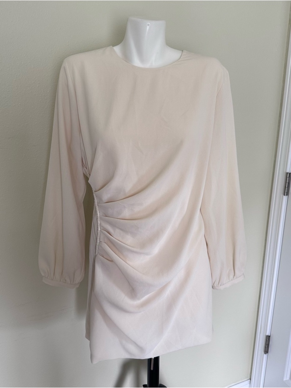 Zara Soft Ivory Long-Sleeve Ruched Mini Dress